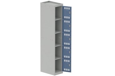 [Pas de famille] - [Pas de sous famille] - Vestiaire multicases 1 colonne L,30cm 5 cases (fermeture cadenas) H,180xL,30xP,50cm coffre gris clair/portes bleu