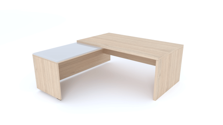 Gamme X5 - Tables de Bureau avec retour - X5- Plan Manager 180x90cm avec retour mur aligné top verre (encombrement 180x200cm)