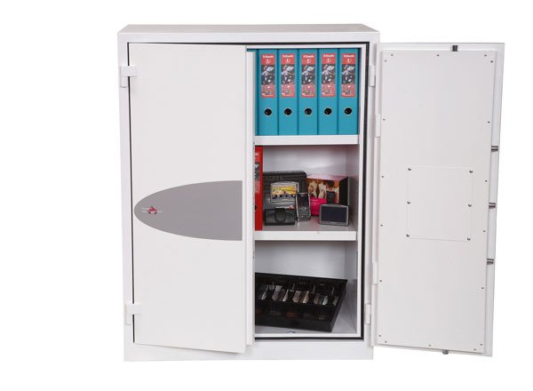 Armoire forte ignifuge L.94xP.52xH.123cm - 354 Litres / 106kg - 2 portes  serrure à clé, 2 tablettes, coloris blanc