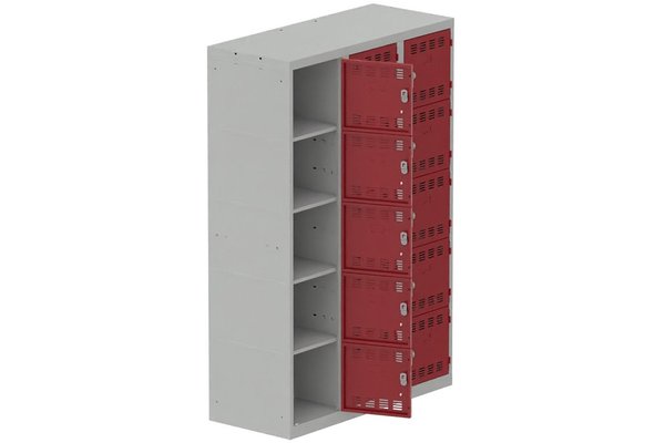 [Pas de famille] - [Pas de sous famille] - Vestiaire multicases 3 colonnes L,40cm 5 cases (fermeture cadenas) H,180xL,120xP,50cm coffre gris clair/portes rouge