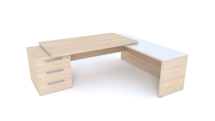 Gamme X5 - Tables de Bureau avec retour - X5- Plan Manager 180x90cm sur caisson XXL 3 tiroirs avec retour mur débordant top verre (encombrement 236x200cm)