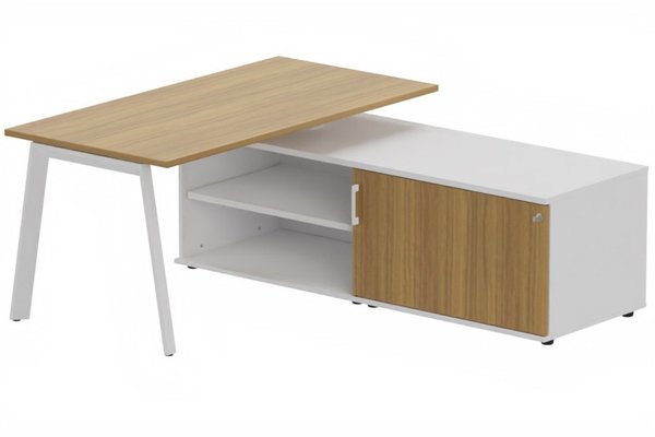 Gamme K8 - Plans droits - K8 Plan 160x80 avec meuble porteur (L180xP64) sans caisson - meuble à droite - Finitions = Plateau et top de finition : noyer / Piétement :Blanc (BL) / Corps du meuble : Blanc (BL) /Façade : noyer