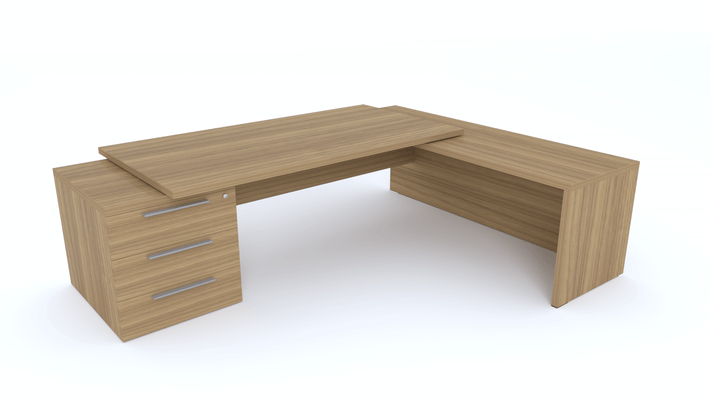 Gamme X5 - Tables de Bureau avec retour - X5- Plan Manager 200x100cm sur caisson XXL 3 tiroirs avec retour mur débordant (encombrement 256x200cm), Finitions = Plateau : noyer / Caisson : noyer / Poignées aluminium