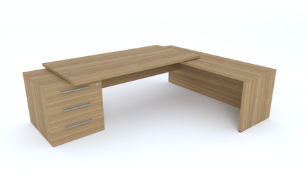 Gamme X5 - Tables de Bureau avec retour - X5- Plan Manager 200x100cm sur caisson XXL 3 tiroirs avec retour mur débordant (encombrement 256x200cm), Finitions = Plateau : noyer / Caisson : noyer / Poignées aluminium