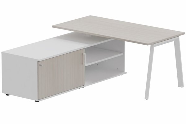 Gamme K8 - Plans droits - K8 Plan 180x80 avec meuble porteur (L180xP64) sans caisson - meuble à gauche -Finitions = Plateau et top de finition : Acacia / Piétement :Blanc (BL) / Corps du meuble : Blanc /Façade : Acacia