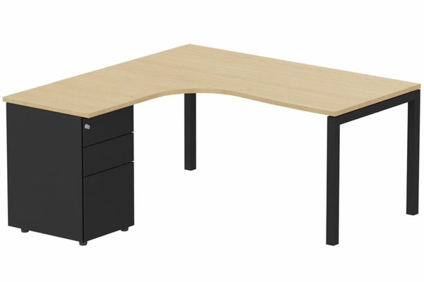 Gamme K3 - Plans compacts - K3- Plan compact 90° asymétrique 160x162x80/60cm avec caisson HB métal 3 tiroirs - retour à gauche -Finitions : PLATEAUX: CHENE (CE) / PIETEMENTS: NOIR GRAINE MAT (NG) / CAISSONS METALLIQUES: NOIR GRAINE MAT (NG)