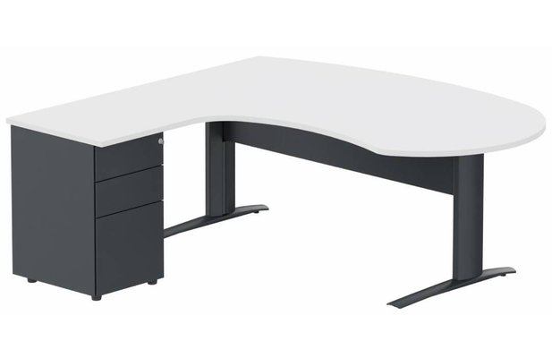 Gamme K1 - Plans compacts - K1 VDF métal compact 90° manager 190x141x104x60cm sur caisson HB métal 3 tiroirs, plateau blanc, structure anthracite