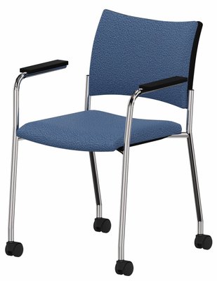 VISITEURS ET FONCTIONNELS - Sur roulettes - ZEN tissu visiteur - Chaise 4 pieds sur roulettes accotoirs laqué noir (A).Assise et dossier tissu Bondai Bleu (6003)