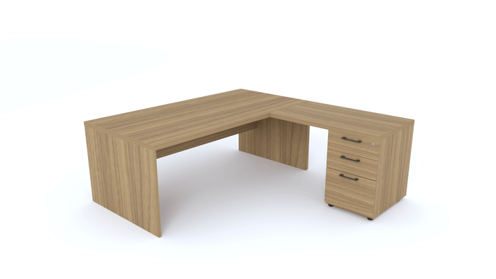 Gamme X5 - Tables de Bureau avec retour - X5 Ensemble de bureau 180x190cm : table 180x90cm + retour 60x100cm sur caisson porteur bois 3 tiroirs/ noyer, poignées noires