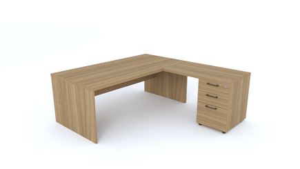 Gamme X5 - Tables de Bureau avec retour - X5 Ensemble de bureau 180x190cm : table 180x90cm + retour 60x100cm sur caisson porteur bois 3 tiroirs/ noyer, poignées noires