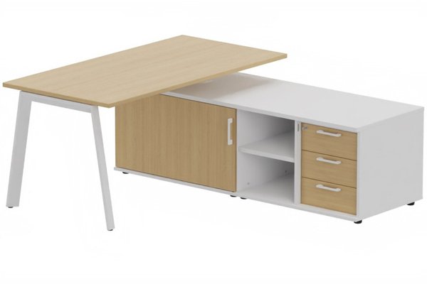 Gamme K8 - Plans droits - K8 Plan 180x80 avec meuble porteur (L180xP64) avec caisson 3T intégré - meuble à droite - Finitions = Plateau et top de finition : Chêne (CE) /Piétement :Blanc (BL) / Corps du meuble : Blanc (BL) /Façade : Chêne (CE)