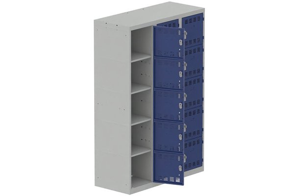 VESTIAIRES MULTICASES - 3 Colonnes - Vestiaire multicases, 3 colonnes L.120cm/15 cases, coffre gris clair/portes bleu foncé