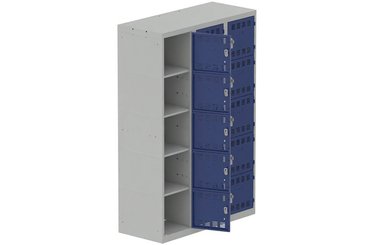 VESTIAIRES MULTICASES - 3 Colonnes - Vestiaire multicases, 3 colonnes L.120cm/15 cases, coffre gris clair/portes bleu foncé