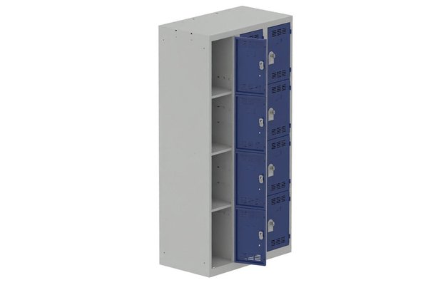 VESTIAIRES MULTICASES - 3 Colonnes - Vestiaire multicases, 3 colonnes L.90cm/12 cases, coffre gris clair/portes bleu foncé
