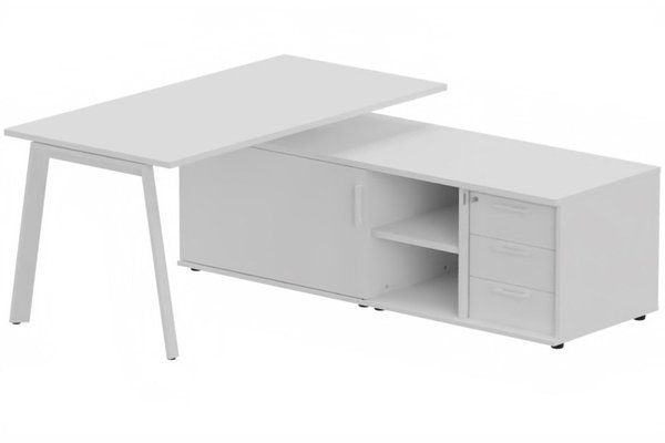 Gamme K8 - Plans droits - K8 Plan 200x100 avec meuble porteur (L180xP64) avec caisson 3T intégré - meuble à droite - Finitions = Plateau et top de finition : Blanc /Piétement :Blanc (BL) / Corps du meuble : Blanc /Façade : Blanc