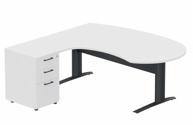 Gamme K1 - Plans compacts - K1 VDF métal compact 90° manager 190x141x104x60cm sur caisson HB mélamine 3 tiroirs, plateau blanc, structure anthracite