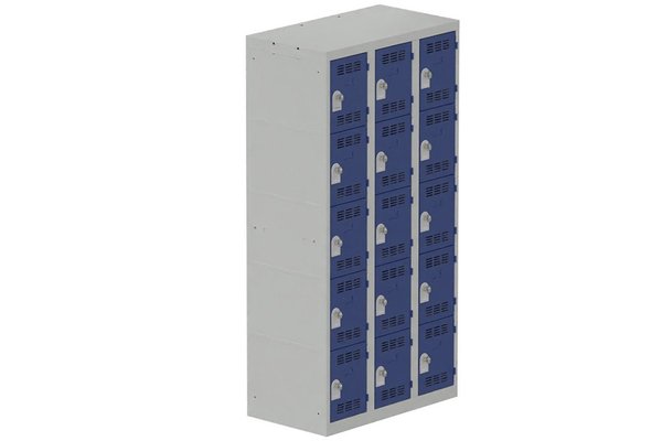 VESTIAIRES MULTICASES - 3 Colonnes - Vestiaire multicases, 3 colonnes L.90cm/15 cases, coffre gris clair/portes bleu foncé