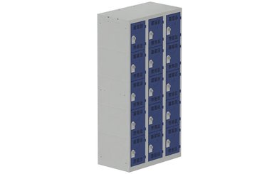 VESTIAIRES MULTICASES - 3 Colonnes - Vestiaire multicases, 3 colonnes L.90cm/15 cases, coffre gris clair/portes bleu foncé
