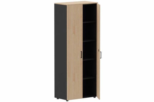 ARMOIRES PORTES BATTANTES - Mélaminés - Armoire mélamine H196xL100cm portes bois, Finitions= Top de finition : hêtre / Corps d'armoire et tablettes : noir / Façade : hêtre
