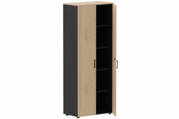 ARMOIRES PORTES BATTANTES - Mélaminés - Armoire mélamine H196xL100cm portes bois, Finitions= Top de finition : hêtre / Corps d'armoire et tablettes : noir / Façade : hêtre