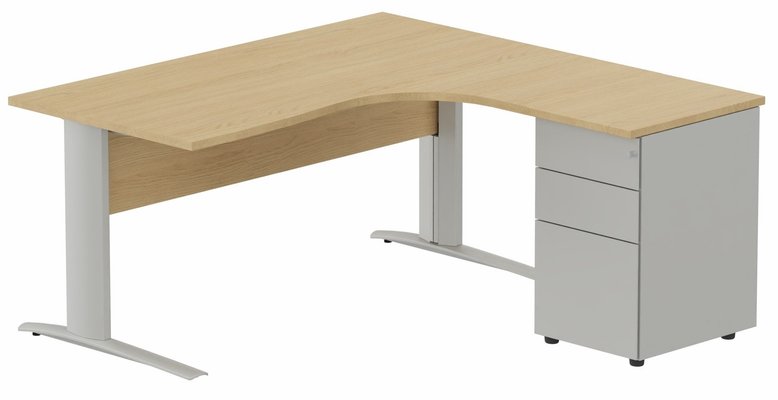 Gamme K1 - Plans compacts - K1 VDF BOIS Compact 90° asymétrique 180x162x80/60cm retour à droite avec caisson HB métal 3 tiroirs noyer/blanc