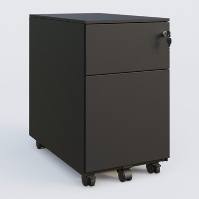 [Pas de famille] - [Pas de sous famille] - Caisson métal slim sur roulettes 2 tiroirs H57xL32xP54cm/ noir grainé