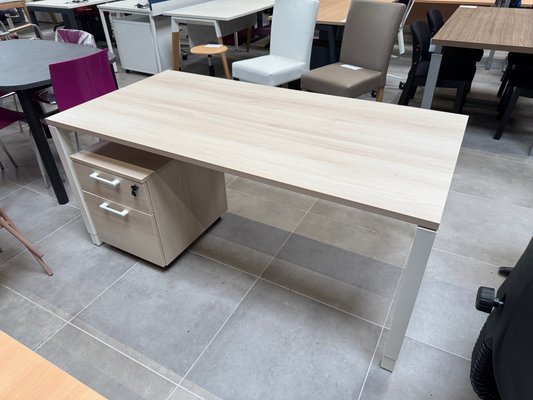 DESTOCKAGE - Bureau - Bureau plan droit 160 x 80 cm, plateau acacia avec piétement réglable en hauteur blanc + caison mobile mélaminé 2 tiroirs acacia