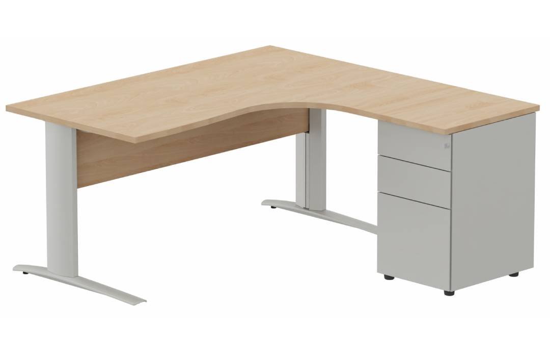 K1 VDF BOIS Compact 90° asymétrique 180x162x80/60cm retour à droite avec caisson HB métal 3 tiroirs hêtre/aluminium