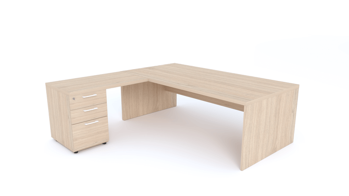 Gamme X5 - Tables de Bureau avec retour - X5- Plan Manager 200x100cm avec retour 100x60cm sur caisson hauteur bureau 3 tiroirs (encombrement 200x200cm) -Finitions = Plateau : Chêne (CE) / Caisson : Chêne (CE) / Piètements : Chêne (CE), poignées blanches