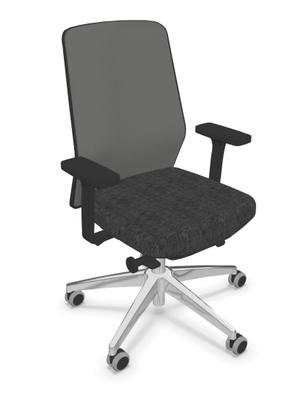 OPERATIVE - Dossier résille - Siège de travail avec accoudoirs. Dossier en résille gris. support lombaire réglable en hauteur. Assise réglable en profondeur. Base à 5 branches en aluminium poli avec roulettes. Coloris anthracite
