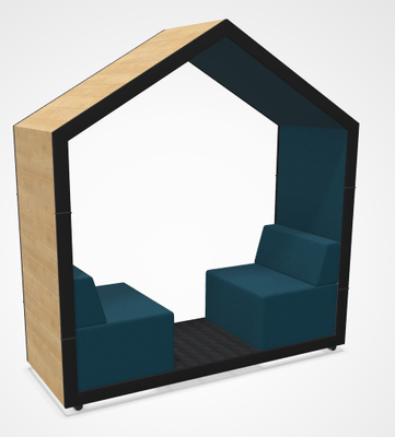 ALCOVE ACOUSTIQUE - Phones Boxes - COTTAGE DUO ouvert (sans fond) avec table plateau blanc épaisseur 18mm,  murs extérieurs en pin, banquettes intégrées, murs intérieurs et fond en tissu, L.210xP.78xH.228cm, 4 roulettes dont 2 avec frein