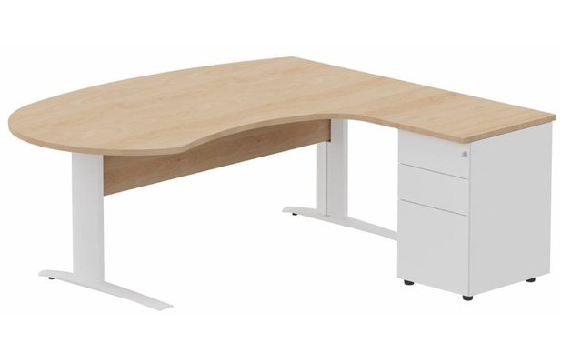 Gamme K1 - Plans compacts - K1 Voile de fond Bois- Plan compact 90° asymétrique Manager 190x183x104/60cm avec caisson HB métal 3 tiroirs - retour à droite -Finitions : PLATEAUX: HETRE (HE) / PIETEMENTS: BLANC (BL) / CAISSONS METALLIQUES: BLANC (BL)