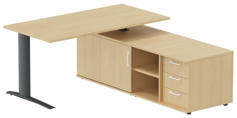 Gamme K1 - Plans droits - k1 Poutre -  Plan 160x80 avec meuble porteur (L180xP64) avec caisson 3T intégré - meuble à droite -Finitions = Plateau et top de finition : Chêne (CE) /Piétement :anthracite  /Façade : Chêne (CE) 