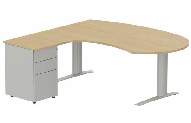 Gamme K1 - Plans compacts - k1 Poutre - Plan compact 90° asymétrique Manager 190x183x104 / 60cm avec caisson HB métal 3 tiroirs - retour à gauche -Finitions : PLATEAUX: CHENE (CE) / PIETEMENTS: ALUMINIUM (AL) / CAISSONS METALLIQUES: ALUMINIUM (AL)