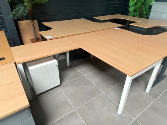 DESTOCKAGE - Bureau - Bureau K3 plan droit 160x80cm retour à gauche 100x60cm et caisson mobile métal 3T blanc, plateau hêtre piét. blanc