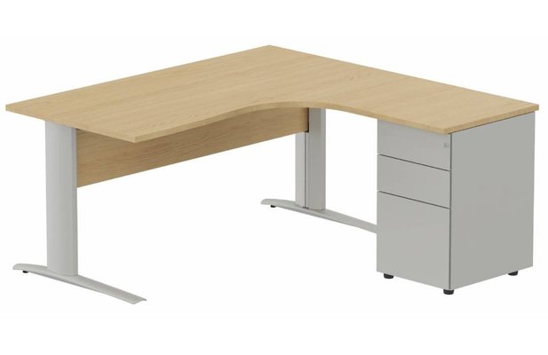 Gamme K1 - Plans compacts - K1 Voile de fond Bois- Plan compact 90° asymétrique 160x162x80/60cm avec caisson HB métal 3 tiroirs - retour à droite -Finitions : PLATEAUX: CHENE (CE) / PIETEMENTS: ALUMINIUM (AL) / CAISSONS METALLIQUES: ALUMINIUM (AL)