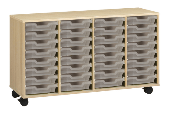 SCOLAIRE - Decouvrir - Meuble PICCOLO mobile méla. 32 bacs transparents - L138,5xP45xH95 cm - Hêtre miel