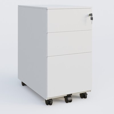 [Pas de famille] - [Pas de sous famille] - Caisson métal slim sur roulettes 3 tiroirs dont 1 DS H60xL30xP52cm/ blanc