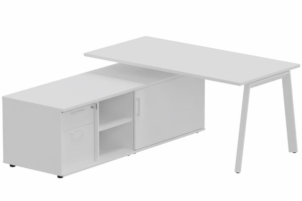 Gamme K8 - Plans droits - K8 Plan 180x80 avec meuble porteur (L180xP64) avec caisson 2T dont 1 DS intégré - meuble à gauche -Finitions = Plateau et top de finition : Blanc /Piétement :Blanc (BL) / Corps du meuble et séparation : blanc /Façade : Blanc