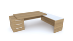 Gamme X5 - Tables de Bureau avec retour - X5- Plan Manager 200x100cm sur caisson XXL 3 tiroirs avec retour mur débordant top verre (encombrement 256x200cm) Finitions = Plateau : noyer /Plateau : Verre (VB)/ Caisson: noyer