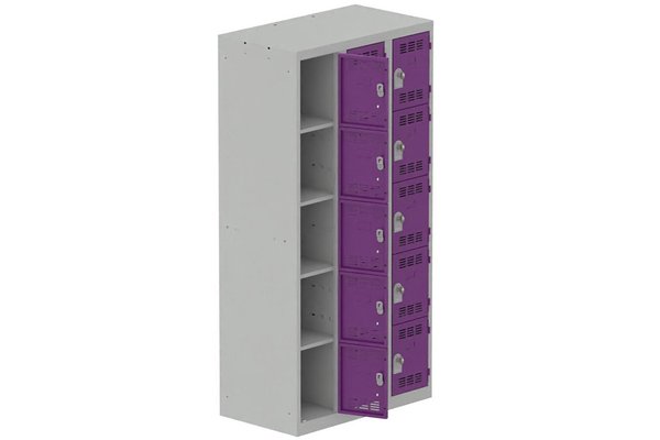 [Pas de famille] - [Pas de sous famille] - Vestiaire multicases 3 colonnes L,30cm 5 cases (fermeture cadenas) H,180xL,90xP,50cm coffre gris clair/portes prune