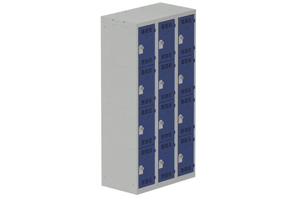 VESTIAIRES MULTICASES - 3 Colonnes - Vestiaire multicases, 3 colonnes L.90cm/12 cases, coffre gris clair/portes bleu foncé