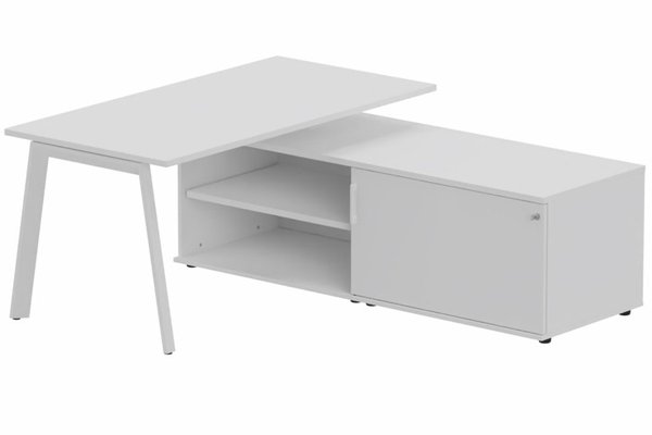 Gamme K8 - Plans droits - K8 Plan 180x80 avec meuble porteur (L180xP64) sans caisson - meuble à droite -Finitions = Plateau et top de finition : Blanc /Piétement :Blanc (BL) / Corps du meuble : Blanc /Façade : Blanc