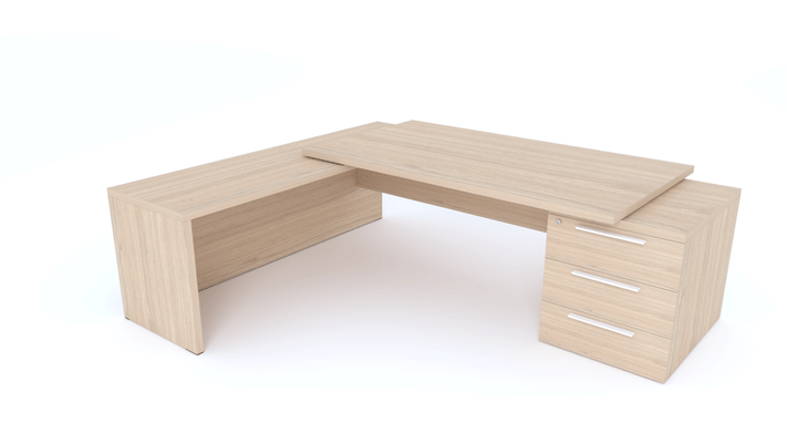 Gamme X5 - Tables de Bureau avec retour - X5- Plan Manager 180x90cm sur caisson XXL 3 tiroirs avec retour mur débordant (encombrement 236x200cm)  -Finitions = Plateau : Chêne (CE) / Caisson : Chêne (CE)