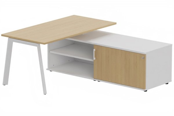 Gamme K8 - Plans droits - K8 Plan 200x100 avec meuble porteur (L180xP64) sans caisson - meuble à droite -Finitions = Plateau et top de finition : Chêne (CE) /Piétement :Blanc (BL) / Corps du meuble : Blanc /Façade : Chêne (CE)