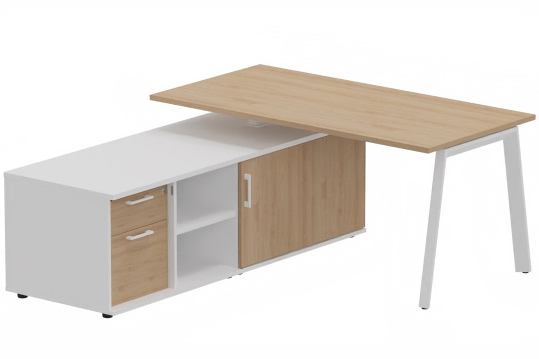 K8 Plan 160x80 avec meuble porteur (L180xP64) avec caisson 2T dont 1 DS intégré - meuble à gauche - Finitions = Plateau et top de finition : Hêtre /Piétement :Blanc (BL) / Corps du meuble : Blanc /Façade :Hêtre