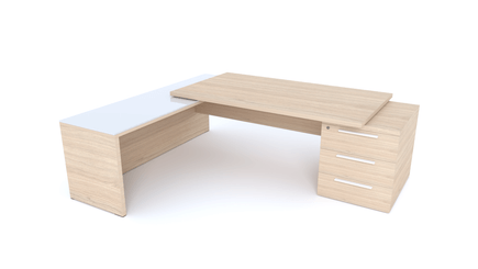 Gamme X5 - Tables de Bureau avec retour - X5- Plan Manager 200x100cm sur caisson XXL 3 tiroirs avec retour mur débordant top verre (encombrement 256x200cm)  -Finitions = Plateau : Chêne (CE) /Plateau : Verre (VB)/ Caisson: Chêne (CE)