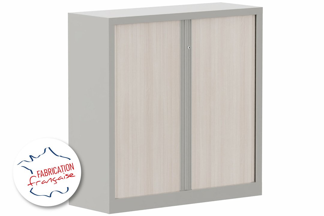 Armoire à rideaux H120xL120cm 2 tablettes, coffre aluminium, rideaux acacia