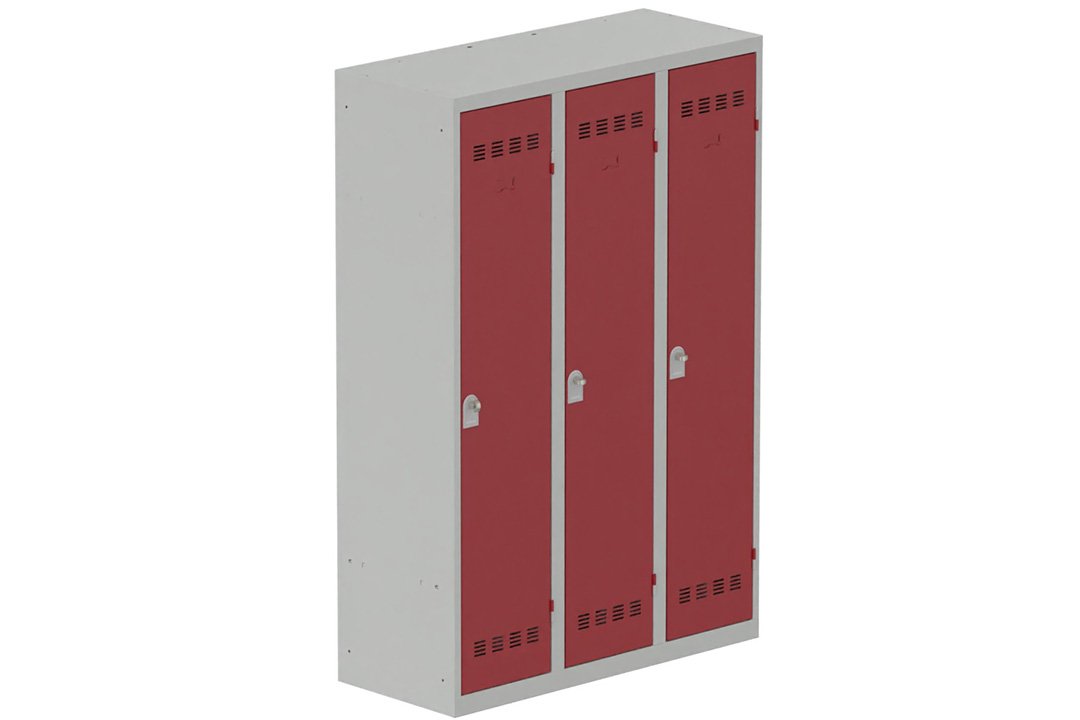Vestiaire industrie salissante 3 portes (fermeture cadenas) H180xL120xP50cm coffre gris clair/ porte(s) rouge