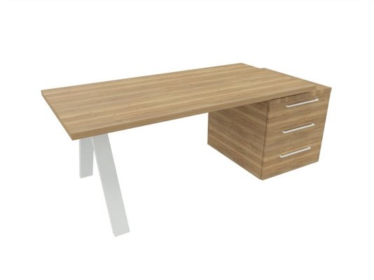 [Pas de famille] - [Pas de sous famille] - X3 Plan Manager 200*100cm + caisson XXL débordant (encombrement 206x90cm). Plateau, caisson Chêne naturel et pietement Blanc.
